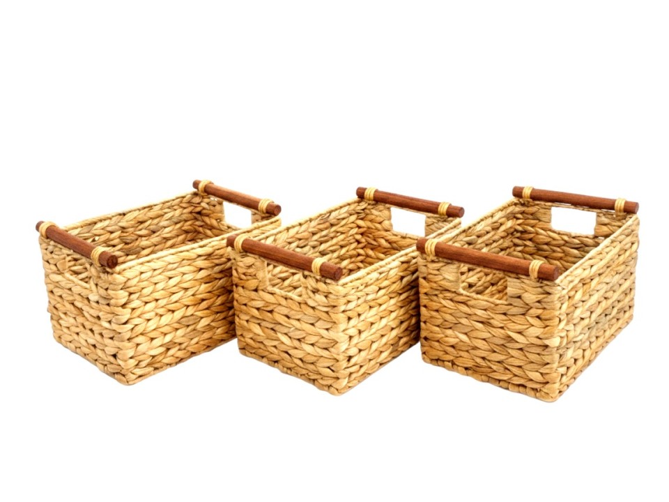 Custom-made Herringbone Water Hyacinth Basket Set of 3 with Wooden Handles